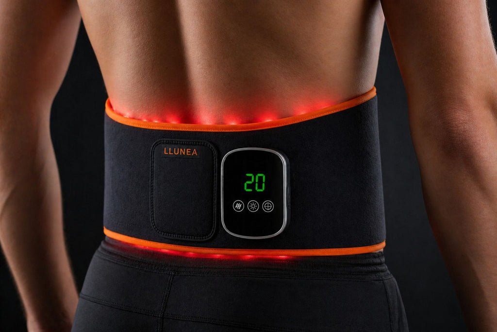 Banda de terapia de luz roja Llunea puesta en zona lumbar con LEDs encendidos
