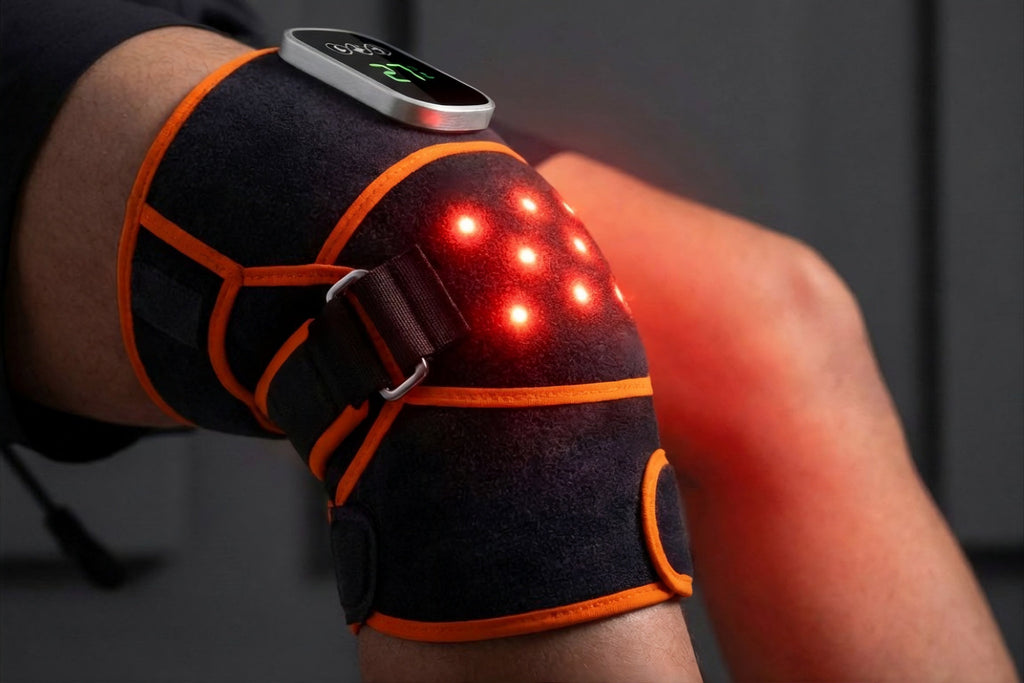 Rodillera de terapia de luz roja Llunea puesta en rodilla con LEDs 660nm y 850nm encendidos