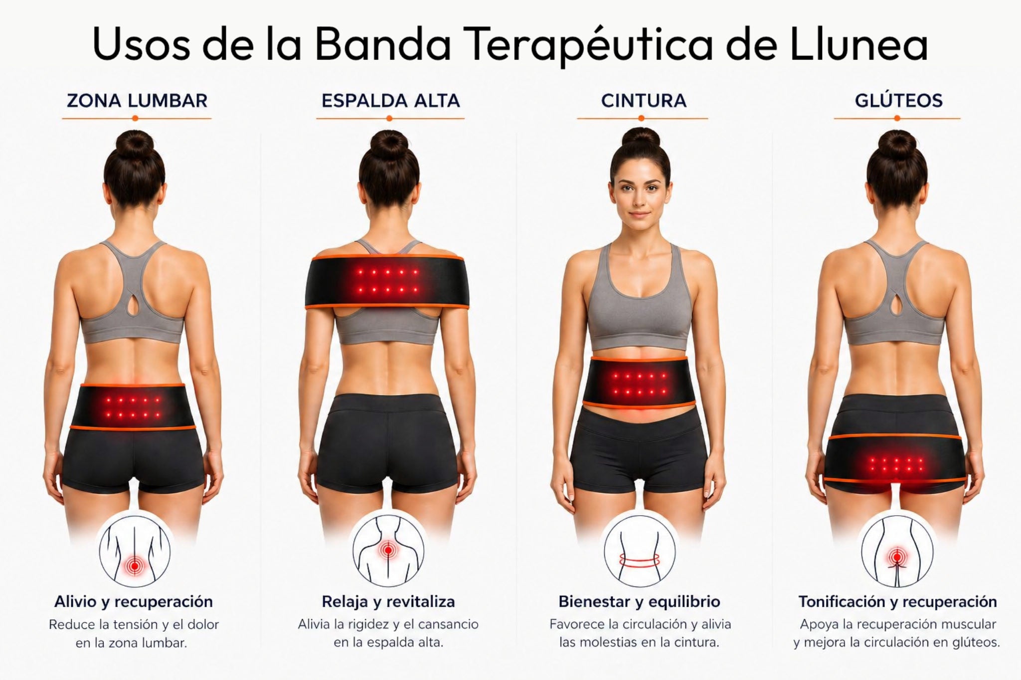 Usos de la Banda Llunea: zona lumbar, espalda alta, cintura y glúteos