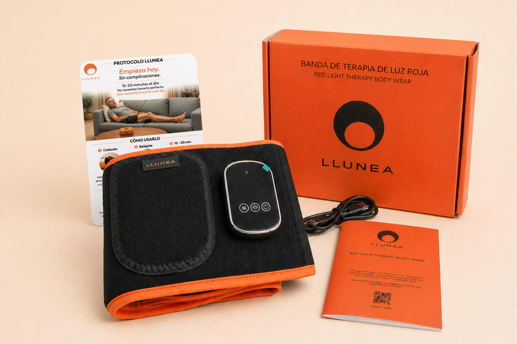 Contenido de la caja Llunea: banda de terapia de luz roja, cable USB-C, manual de uso y tarjeta del Protocolo de 4 semanas